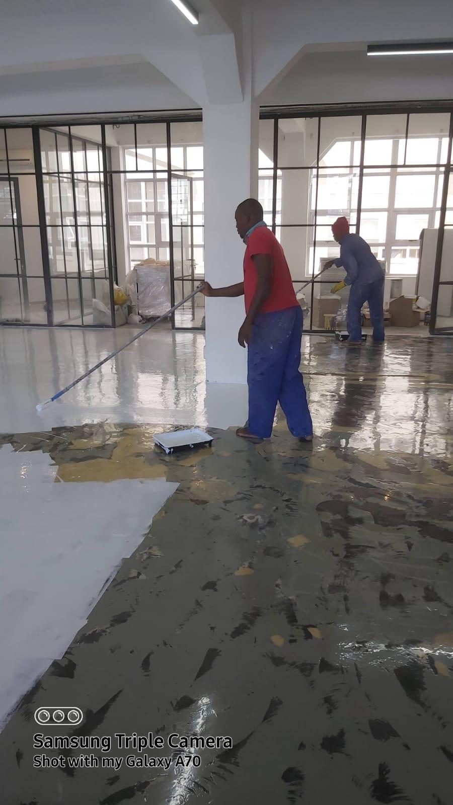 High-gloss epoxy floor with a reflective sealed surface